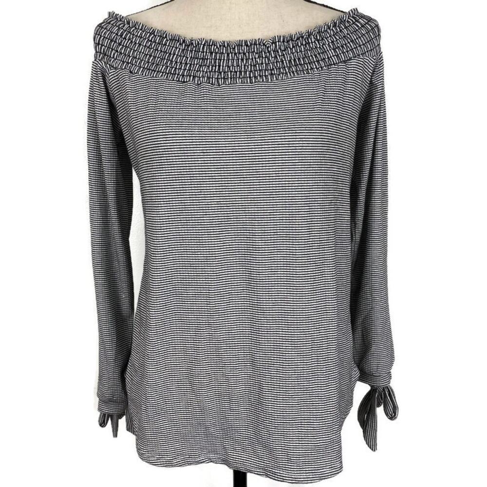 ADORA Off Shoulder Pleated Blouse Striped Tie Sleeve Top Womens Sz Med MYT10428